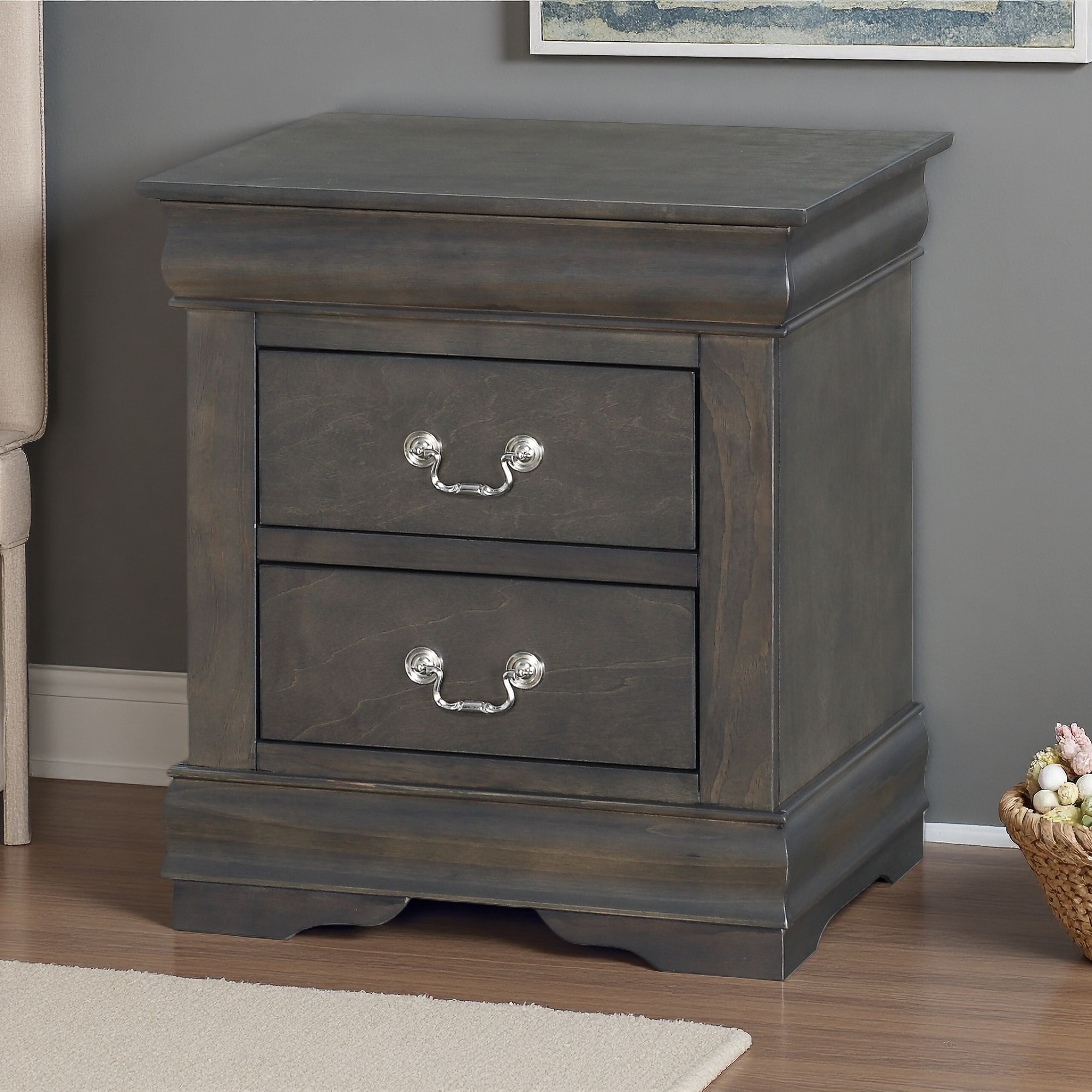 21"L Wooden Louis Phillippe 2-Drawer Nightstand with Center Glides & Brushed Nickel Handles