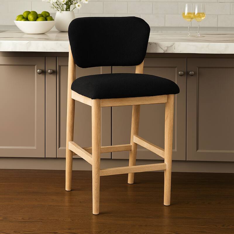 Fela Counter Stool Chair, Black Seat and Back, Natural Brown Wood