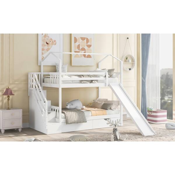 Twin over Twin House Bunk Bed with Two Drawers and Slide - Bed Bath ...