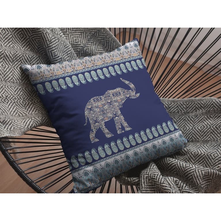 16" Navy Ornate Elephant Zippered Suede Throw Pillow