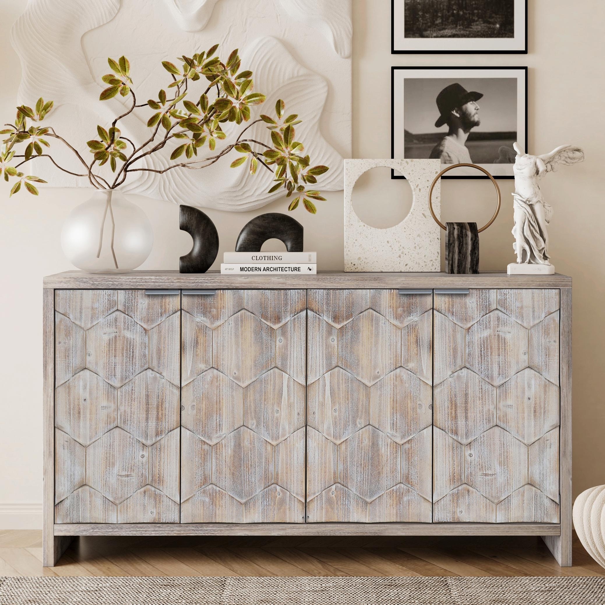 Farmhouse Style 4-Door Wooden Sideboard Buffet Cabinet