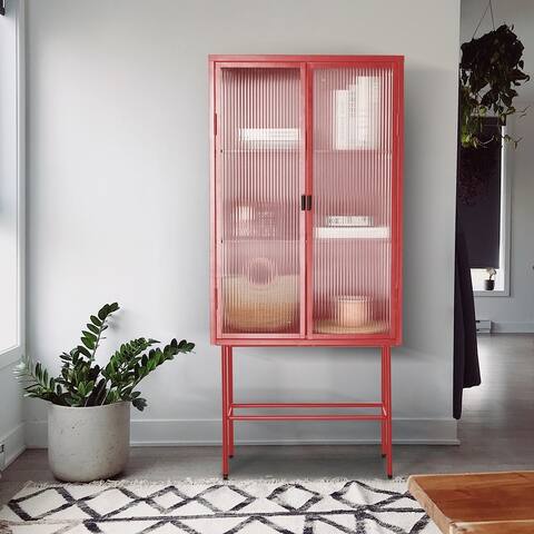 Retro Fluted Glass Storage Cabinet, Corner Cabinet, Metal Tall Display Cabinet, Rustic Sideboard with Doors and Shelves