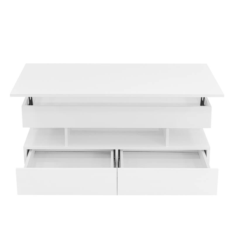 Lift-Top Coffee Table with 2 Drawers, Modern Center Table with Hidden Storage Compartment and LED Lights for Living Room