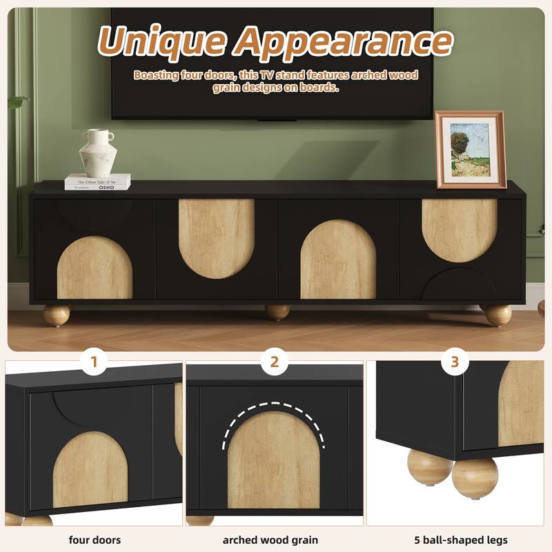 69.6" Farmhouse TV Stand for TVs up to 75", Media Console with Cable Holes, Rebound Doors, 5 Wood Legs