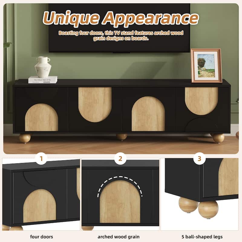 Farmhouse TV Stand for TVs up to 75", Wood Media Console w/ Rebound Device, Elegant Entertainment Center with 5 Solid Wood Legs