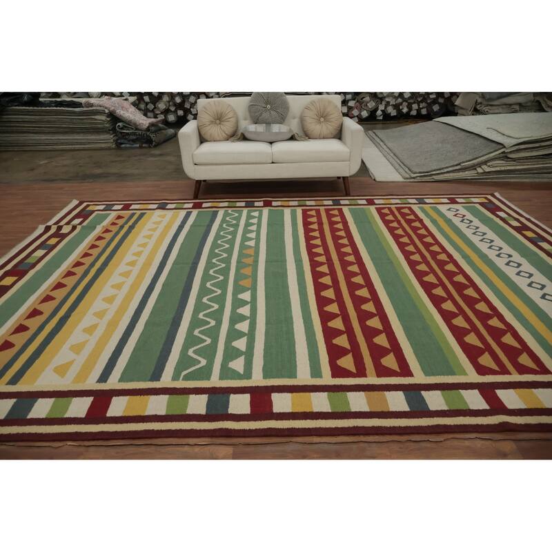 Hand Woven Oriental 100% Wool Carpet Southwestern Tribal Green Kilim Area Rug - 13' 0'' X 9' 9''