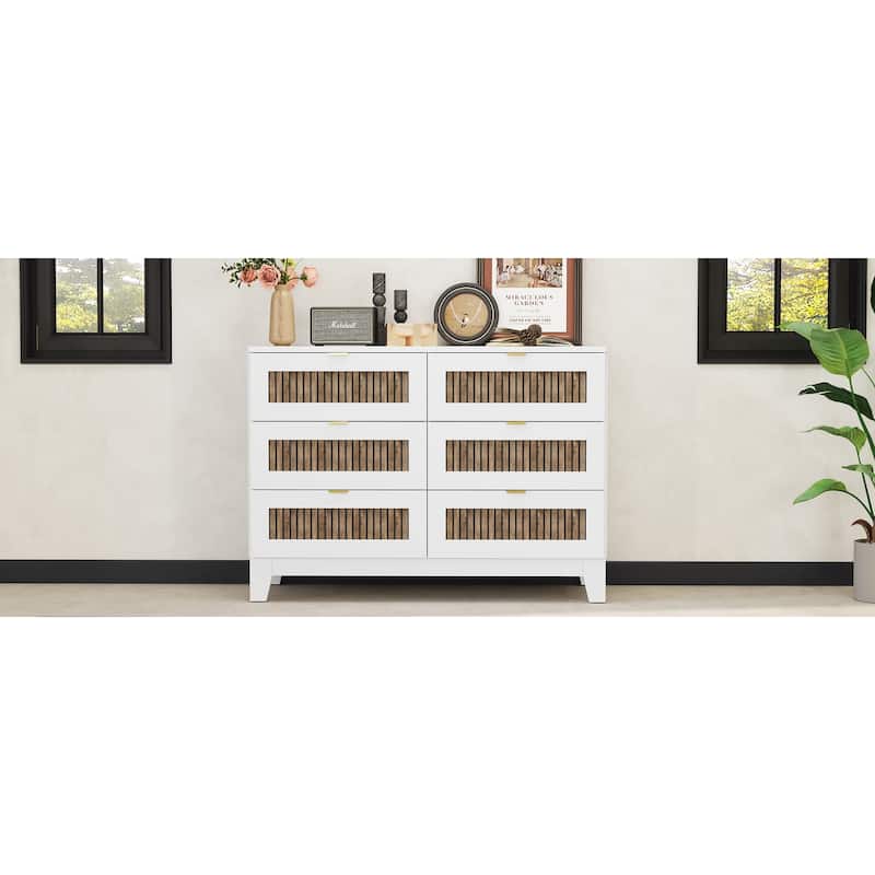 Rustic Farmhouse Style Wooden Dresser Bedroom Storage Cabinet with 6 Drawer Handles, for Bedroom, White