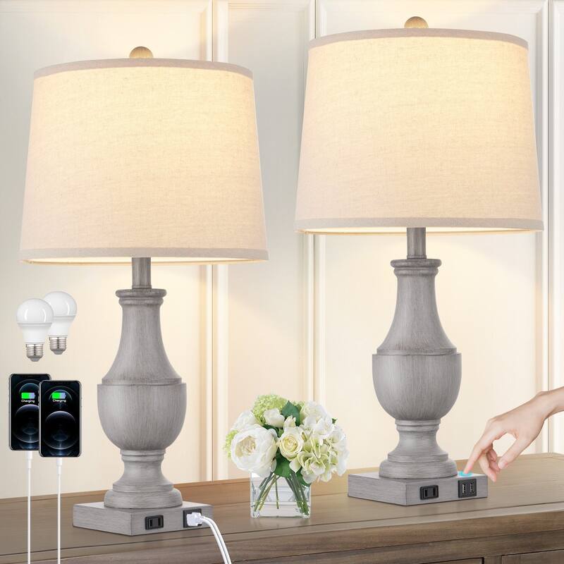 Grey Resin Table Lamps with 3-way Touch Dimming Switch USB & Type-C Charging Ports & AC Outlet (Set of 2)