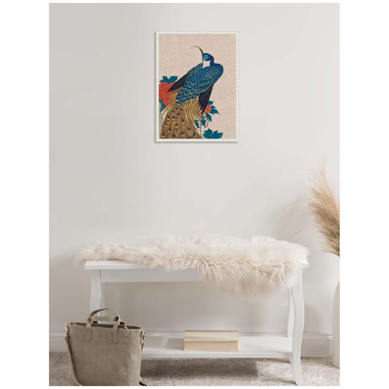 Kate and Laurel Sylvie Peacock and Peonies 1840 Utagawa Hiroshige Neutral Linen Framed Canvas by The Art Institute of Chicago