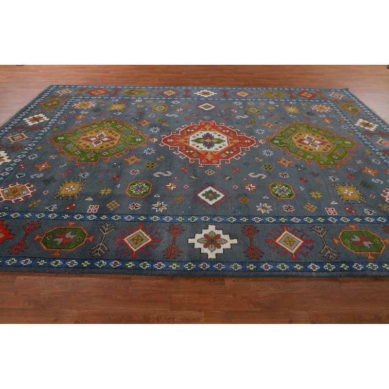 Blue Geometric Kazak Oriental Area Rug Hand-Knotted Wool Carpet - 9'3" x 11'7"
