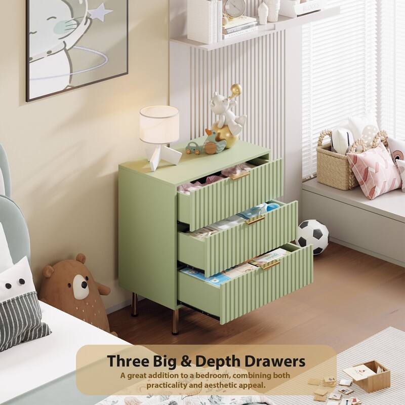 Fluted 3 Drawer Dresser for Bedroom, Modern Wooden Chest with Deep Drawers and Wide Top