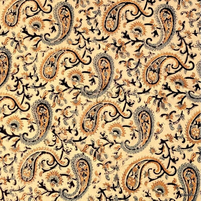 Block Print Tablecloth Round, Floral Paisley Elephants, Beige - Paisley Elephant, Black Gold Grey