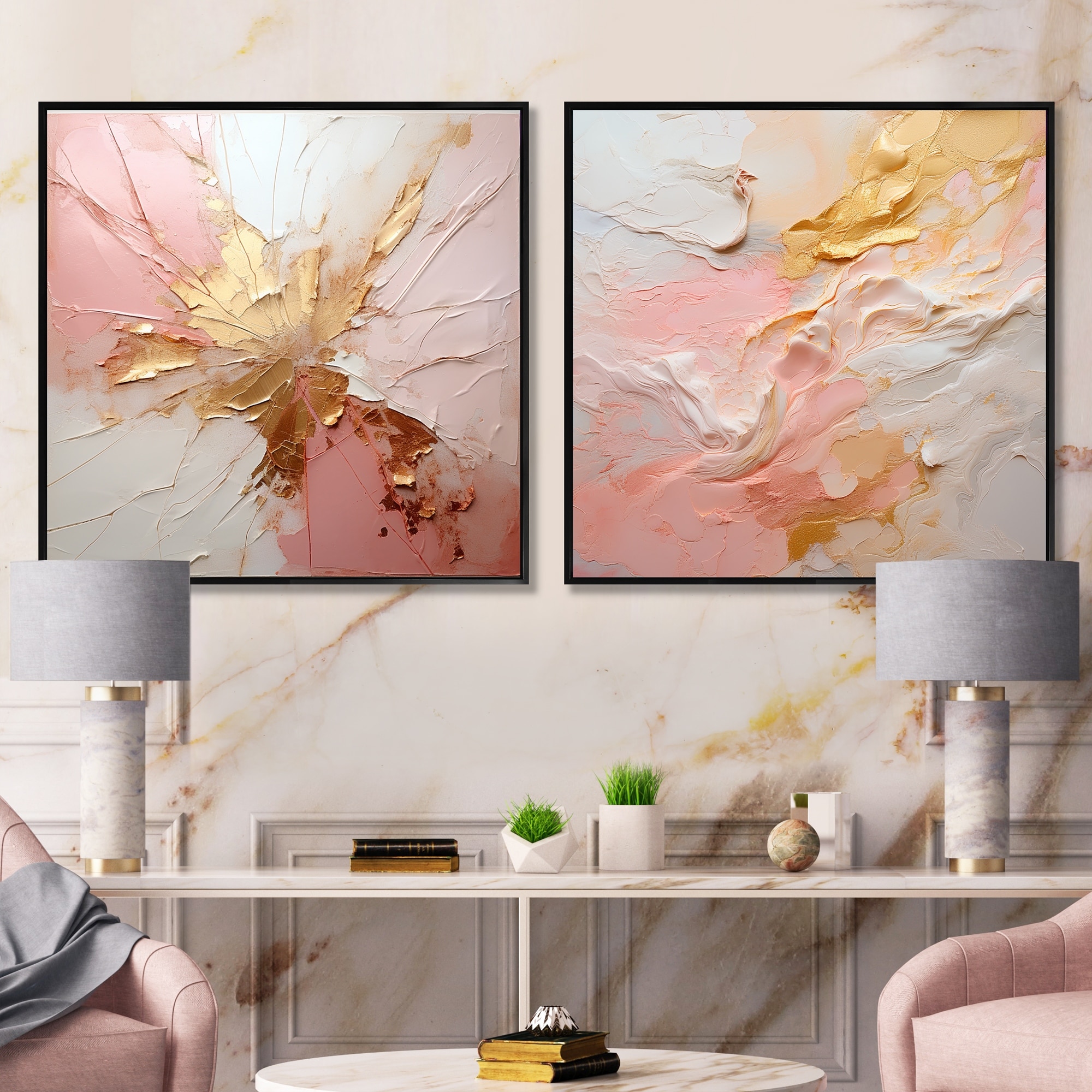 Designart "Gold And Pink Paint Fusion" Abstract Painting Framed Art Set Of 2 Modern Wall Art Set Beige Wall Art 2 Pieces
