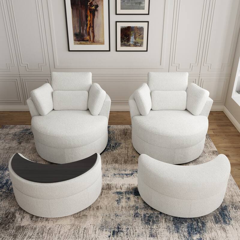 Upholstered Swivel Barrel Armchair with Storage Ottoman (Set of 2)