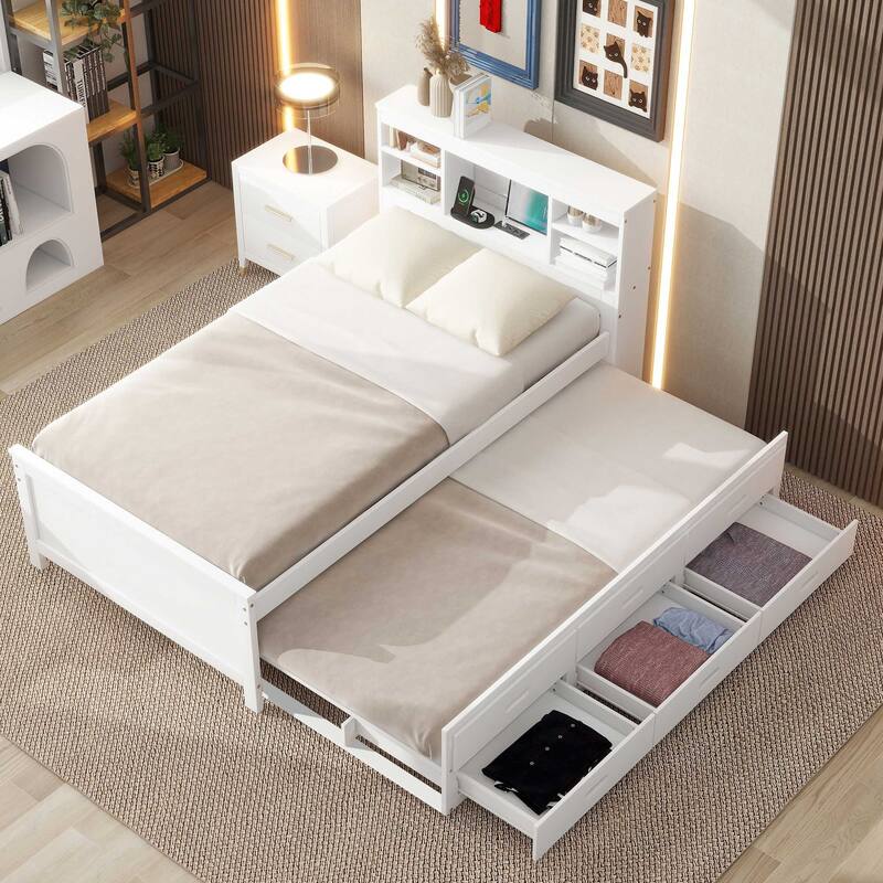 Twin Size Storage Platform Bed with USB, Trundle, and Drawers in White