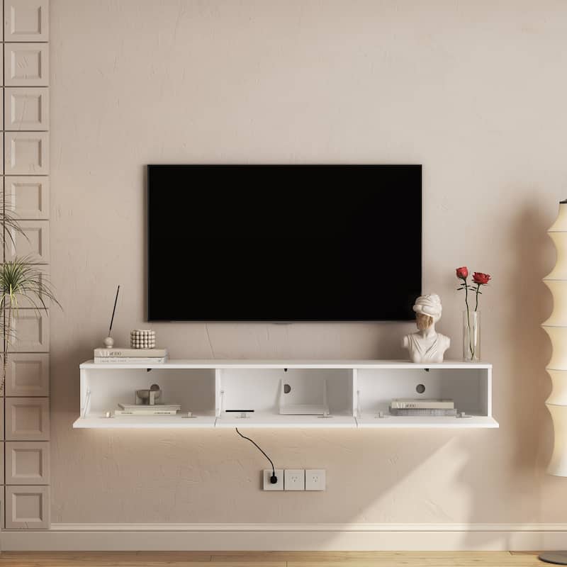 Modern Floating Wall-Mounted TV Cabinet, for 55, 60, and 65 Inch TVs, with 16-Color LED Lighting, for Living Rooms, White