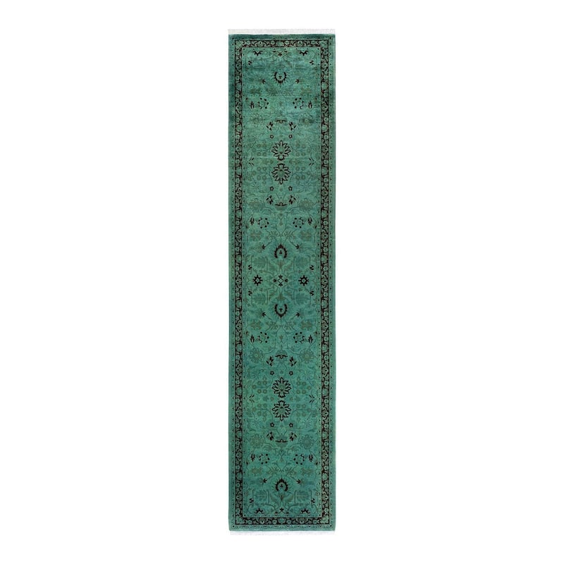 Overton Hand Knotted Wool Vintage Inspired Modern Contemporary Overdyed Green Runner Rug - 2' 6" x 12' 4"