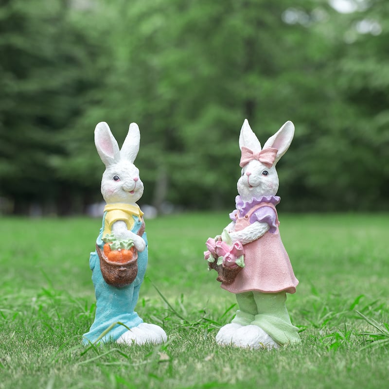 Glitzhome Easter Resin Bunny Boy Girl Table Statue Decoration Rabbit Figurine with Flower Party Ornaments