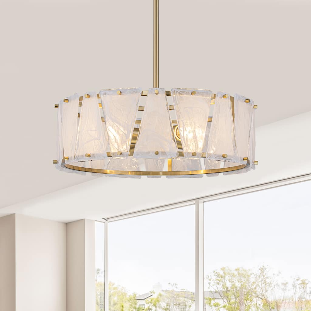 4-Light Modern Round Chandelier Trapezoidal Cloud Glass Panels Dining - Dia.18.31-in