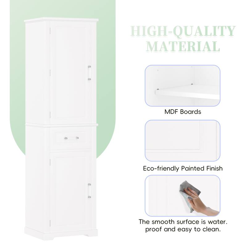 72" Tall Freestanding Storage Cabinet with 4 Doors, 2 Drawers, Adjustable Shelves and Door Racks, Painted MDF Organizer