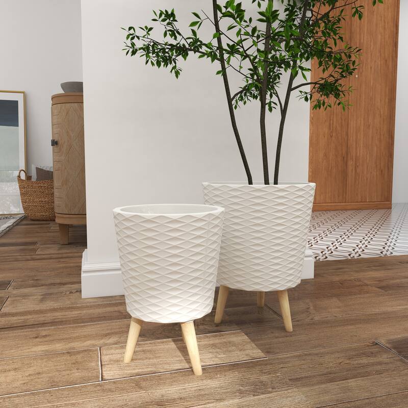 White or Grey Fiber Clay Wood Boho Eclectic Planter (Set of 2) - S/2 14", 16"H