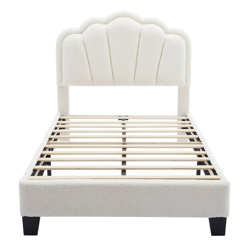 Sherpa Fabric Upholstered Platform Bed with Elegant Flowers Headboard and Wooden Slats Support