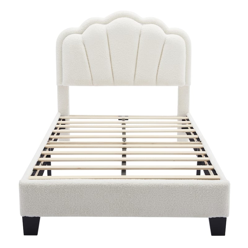 White Twin Size Sherpa Fabric Upholstered Platform Bed with Elegant Flowers Headboard and Wooden Slats Support