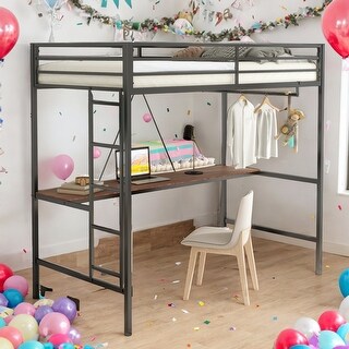 Twin Size Loft Bed with Cinnamon Wood Desk and Closet Rod