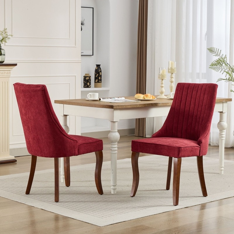 Set of 2 Modern Fabric Dining Chairs with High Backrest & Plush Cushioning - Curved Solid Wood Legs, Adjustable Balance