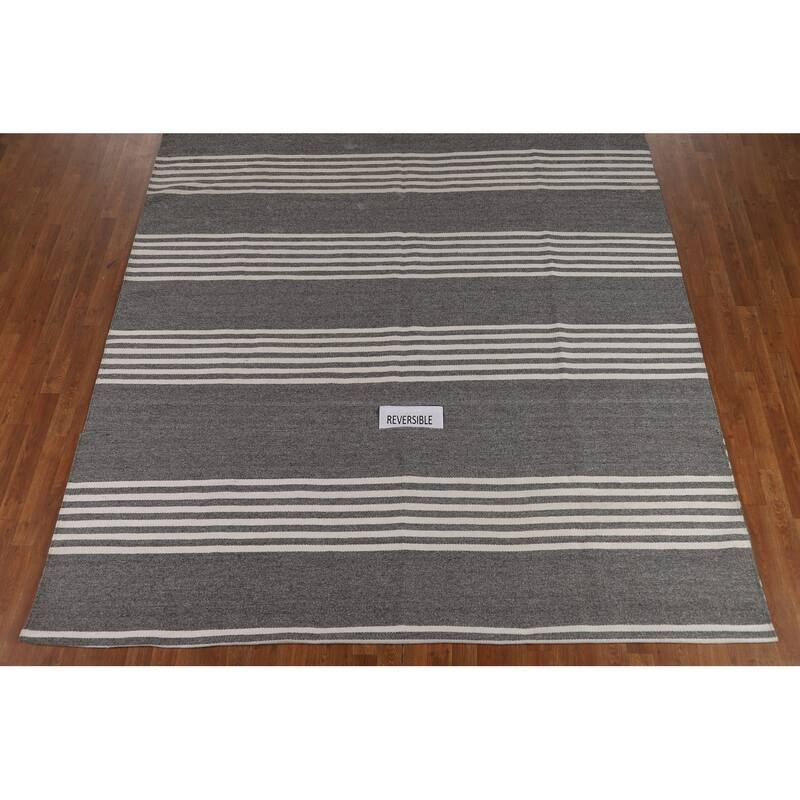 Striped Gray Kilim Durrie Oriental Area Rug Cotton Carpet - 8'3" x 11'7"