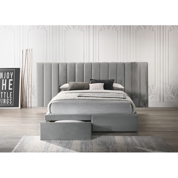 Faro Velvet Bed Frame with Extra Wide Headboard and Storage. Opens flyout.