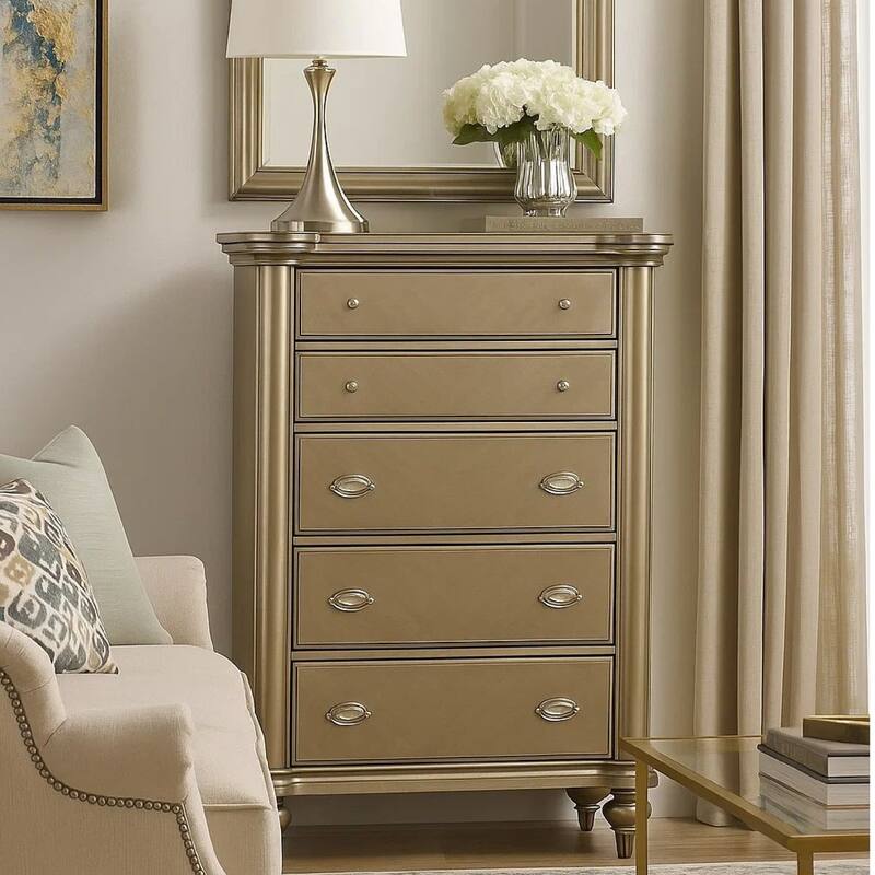 Ada 56 Inch 5 Drawer Tall Dresser Chest, Pine Wood, Chevron Pattern, Antique Champagne