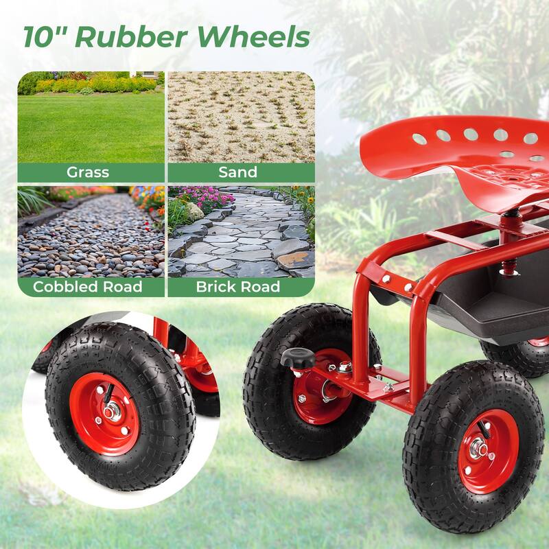 Gymax Cart Wagon Rolling Work Seat w/ Tool Tray Basket Planting Patio
