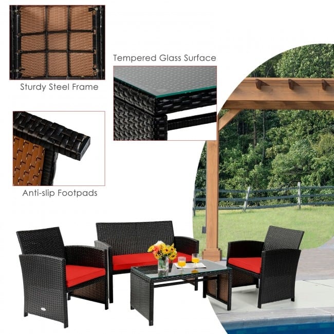 4Pcs Patio Rattan Cushioned Furniture Set - 43.5" x 25" x 31" (L x W x H)