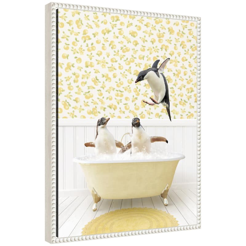 Kate and Laurel Sylvie Penguins in Cottage Yellow Bathtub Framed Canvas by Amy Peterson - White