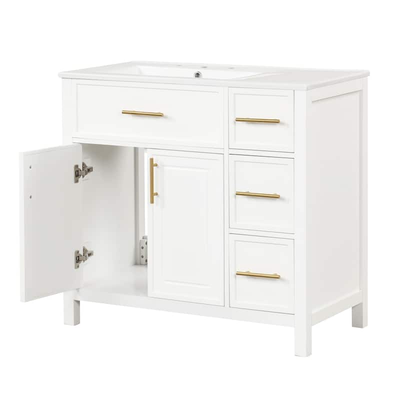 36 inch Freestanding Bathroom Vanity Set in Off White with Integrated Ceramic Sink