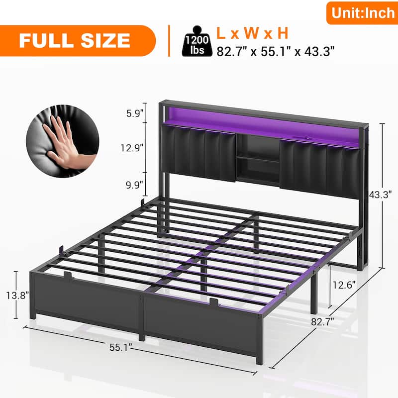 Upholstered Bed Frame with Storage Shelving, Platform Beds with Charge Station and LED Lights