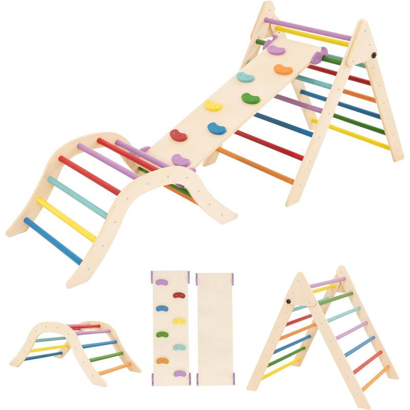 7 in 1 Pikler Triangle Gym, Montessori Foldable Wooden Climber with Ramp