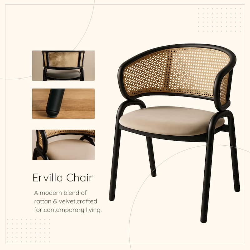 Ervilla Ergonomic Wicker Back Velvet Accent Dining Armchair with Powder Coated Steel Legs Protective Pad