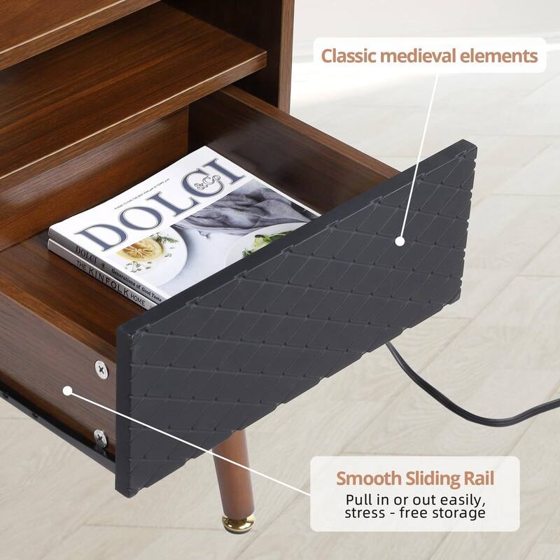 Mid Century Modern Nightstand with Charging Station and USB Ports, Night Stand with Drawers