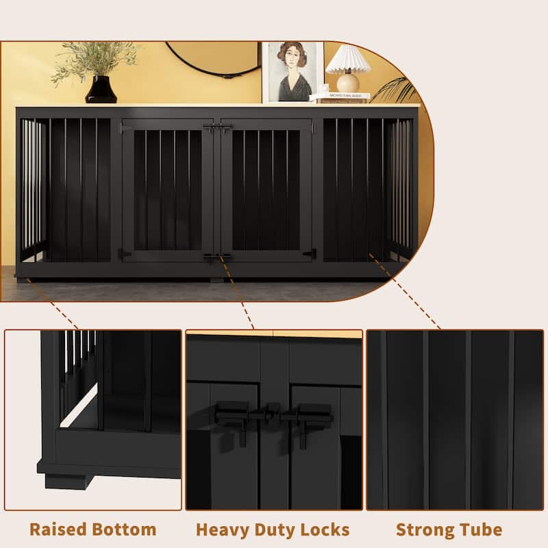 70.9" Large Double Wooden Dog Crate Furniture, Kennel with Dividers