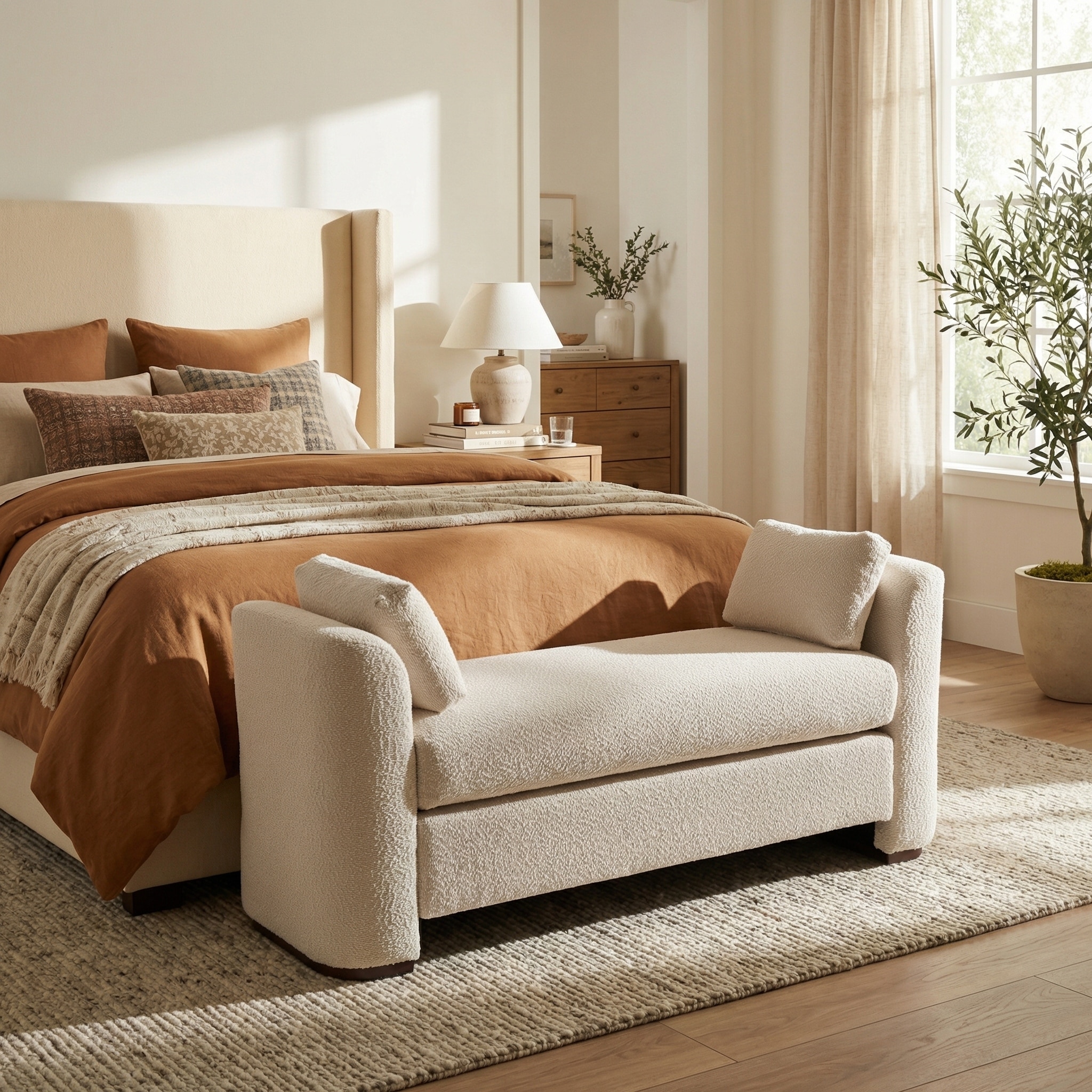 Lunara Contemporary Upholstered Bench with Decorative Pillows and Rubber Wood Legs
