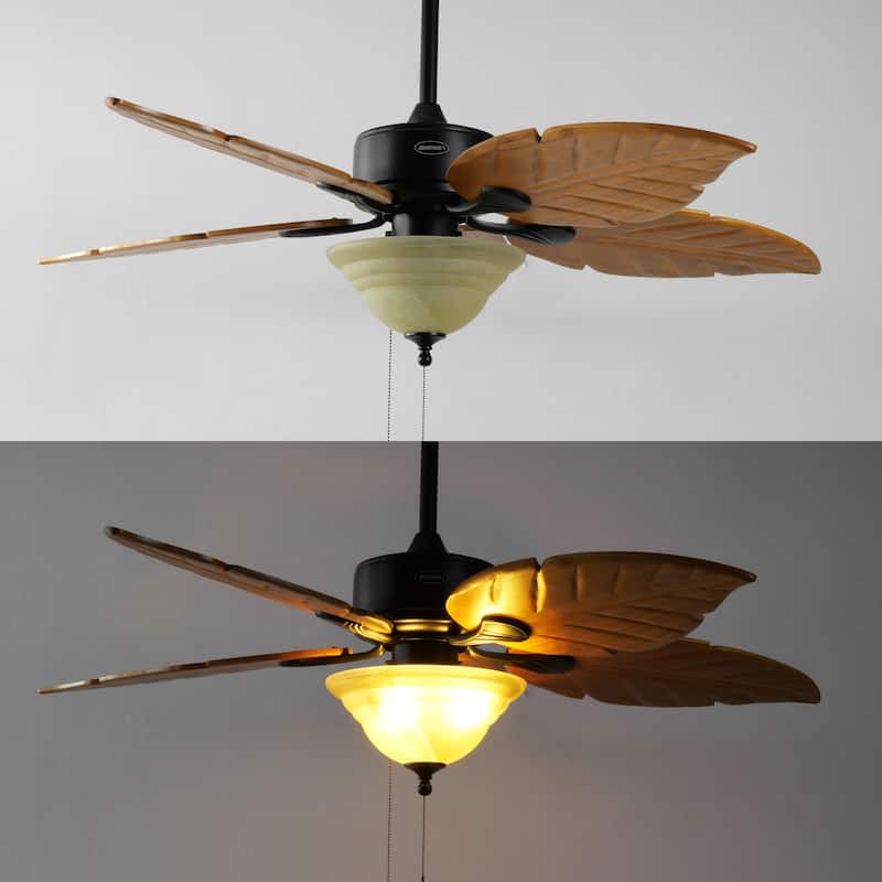 Owen 52" 3-Light Coastal Bohemian Iron/Wood Palm Leaf LED Ceiling Fan with Pull Chain, by JONATHAN Y