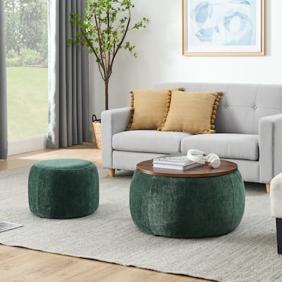 Round Storage Ottoman, 2 in 1 Function, Work as End table and Ottoman,with small seat