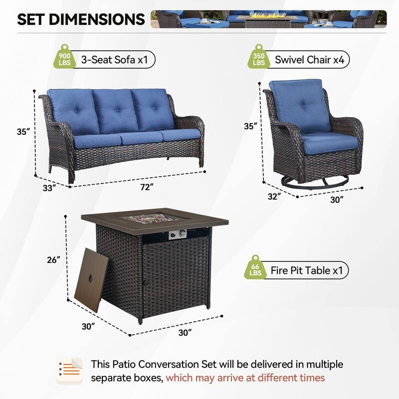 Gymojoy 6-Piece Outdoor Sofa & Chair Set with 4 Swivel Chairs, Fire Pit Table