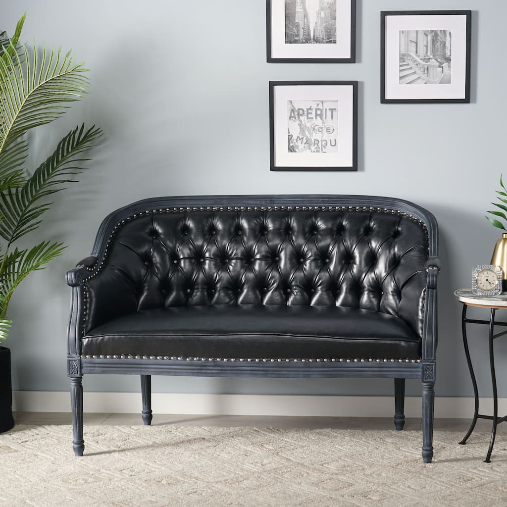 Black 49.5" Faux Leather Loveseat Sofa with Turned Legs and Nailheads for Living Room