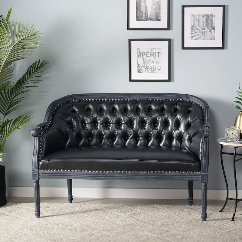 Faux Leather Loveseat Sofa with Turned Legs and Nailheads - Black