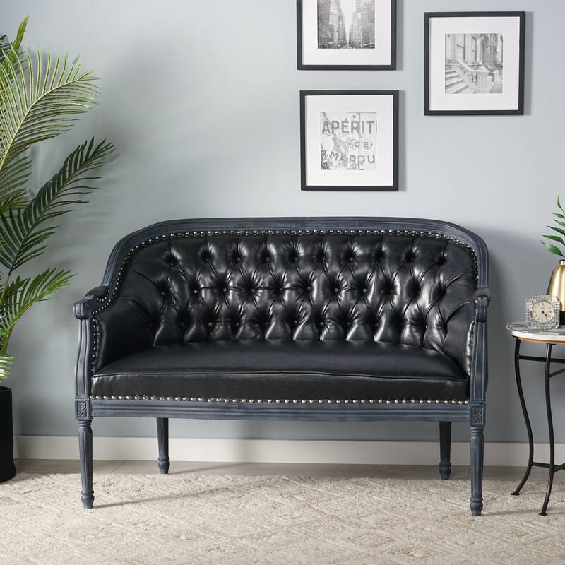 Tufted Buttons Back Loveseat Sofa Leather Accent Sofa Birch Wood Frame Lounge Couch Upholstered Sofa with Nailhead Trim - Black