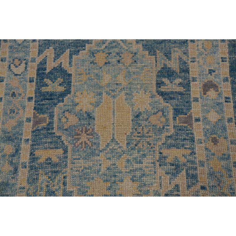 Hand Knotted Oriental 100% Wool Carpet Transitional Geometric Navy Blue & Blues Oushak Runner Rug - 14' 4'' X 2' 10''