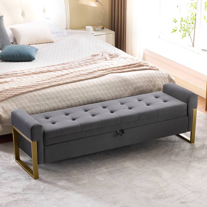 66" Storage Bench for Bedroom End of Bed with Single Lids and Gold Legs